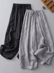 Cotton and Linen Small Polka Dot Wide Leg Pants Womens Summer Elastic Waistband Lace-up Drooping Slimming Casual Pants Linen Cropped Straight Pants
