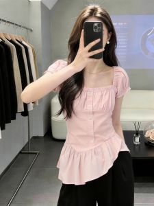 SHUAIYUE | Áo Blouse Nữ Cổ Vuông Tay Bồng Màu Hồng Nhạt