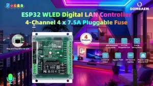 DOMRAEM 4CH ESP32 Ethernet DIN Rail WLED Controller 30A 4x7.5A Fuse WiFi Music Sync DC5-24V Addressable WS281X RGBIC LED Strip