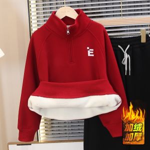 Thickened Fleece Hoodie Stand Collar Winter Clothes for Boys Childrens Red New Years Top Warm Fashionable Kids Sweatshirt