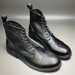 Retro American British Style round Toe Workwear Martin Motorcycle Short Boots Mens High Top Genuine Black Leather Soldier Boots