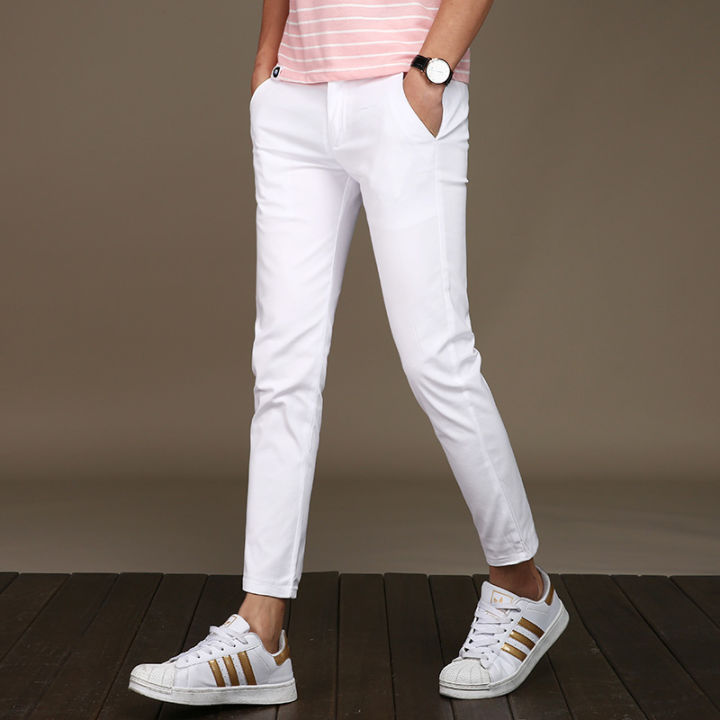 White Casual Pants Men s Cropped Pants Slim fit Skinny Men s White Pants College Students Stretch Ninth Pants Summer Fashion Man Lazada PH