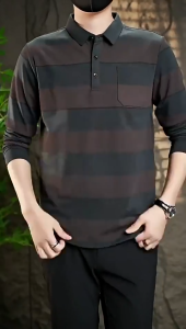 Mens long sleeved t-shirt with striped loose flip tie pocket for middle-aged and elderly daily casual polo shirt
