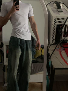 Light Grey American Retro Mens Short Sleeve Summer Pure Cotton Heavyweight T-Shirt Slim Fit Muscular Shoulder Half Sleeve