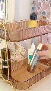 ( Sẵn ) Kệ Đựng Mỹ Phẩm Đồ Trang Điểm 2 Tầng Cao Cấp Có Viền Mạ Vàng Tặng Kèm Khay Đựng Trang Sức Phong Cách Châu Âu