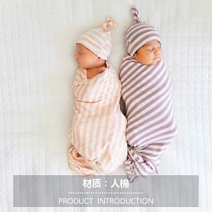 Rayon Swaddle Blanket Beanie Wrap for Newborn Infant Baby Striped Swaddle Knotted Cap Headwear