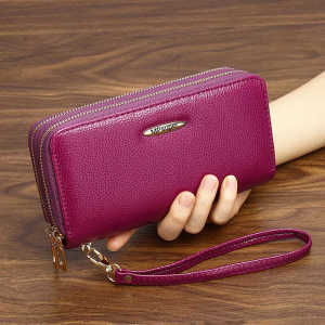 Large Capacity Ladies Long Wallet Handheld Phone Bag Double Zipper Clutch Card Holder Fashionable Korean Style Synthetic Leather