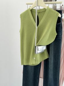 Unique Backless V-Neck Ice Silk Knitted Sleeveless Vest Womens Summer Layering Tank Top Korean Style Straight Cut Silhouette