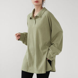 Loose Long Sleeve Polo Neck T-Shirt Womens Midi Length Cover Butt Inner Wear Younger Looking Early Autumn Top Polyester Cotton Spandex Blend