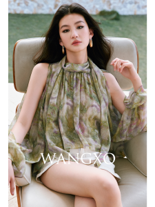 WANGXO | Áo Sơ Mi Voan In Hình Rộng Tay Dài