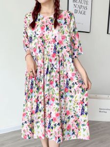 ฤดูร้อน ใหม่ ผู้หญิง ผ้าฝ้าย ผ้าไหมยาว เดรส ลำลอง เอวสูง พรางหุ่น ลายดอก กระโปรงทรงเอ เสื้อสวม คอกลมแขนยาว