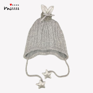 Girls Knitted Hat with Fleece Grey Cute Rabbit Ears Warmth Protection Baby Children Winter Autumn No-Cuff Cap Casual Style Pure Cotton