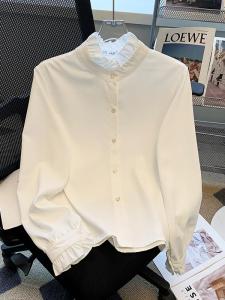 French Style Lace Stand Collar White Shirt Womens 2024 Fall and Winter New Arrival Elegant Graceful Chiffon Wooden Ear Collar Long Sleeves Shirt