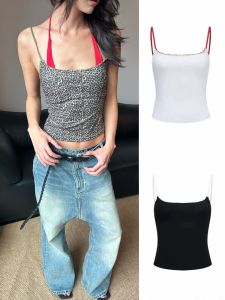 WEEEECHAN Color Block Ruffle Elastic Slim Fit Tank Top Womens Summer Casual Cotton Blend Backless Vest Fashion Trend