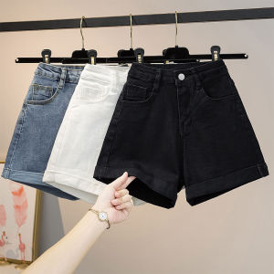 Elastic Denim Shorts Womens Slimming A-Line High Waist Flared Cuffed Washed Faded Ripped Multi-Pocket Button Zipper Style