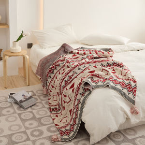 Bohemian Style Knitted Blanket with Tassel for Office Nap Decorative Bed End Throw Summer Lightweight Geometric Patterned Blanket