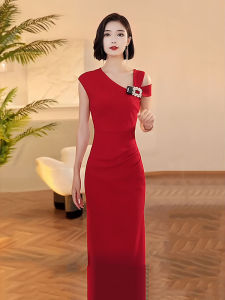 Elegant Red Asymmetrical Collar Design High-End Feeling Dress Womens Summer New Style Lady Luxury Long Dress Trendy