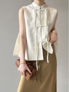 Chinoiserie Style Short Vest Top with Embroidered Buttons Spring Summer Autumn New Design Womens Fashion Traditional Chinese Clothing