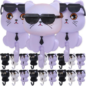 ตะขอแขวนกระจกโค้ง3ชิ้นมีกาวในตัวสำหรับติดผนังร่มผ้าเช็ดตัวรูปแมวการ์ตูนที่วางของ