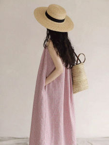 Zimo Qing และ ลำลอง ผ้าลินิน Gingham เดรส แขนกุด ทรงเอ กระโปรงยาวปานกลาง หลวม เอว Crewneck Pure Color ฤดูร้อน ผู้หญิง เดรส