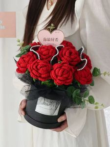 Creative DIY Knitted Rose Holdable Bucket Milk Cotton Woven Gift for Best Friend Artificial Flower Handheld Bouquet