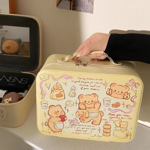 Cute Portable Travel Makeup Bag Large Capacity Cosmetic Storage Bag Handheld Mirror Included for Women Cartoon Cubic Shape