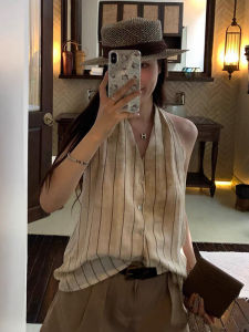 Loose Womens Stripe Shirt Vest Summer New Style Hanging Neck Sleeveless Top Slimming Versatile Polyester Fiber Commute Style