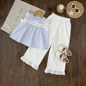 Bear Leader Baby Girls Clothes Sets Summer New Lace Flying Sleeves Tops and Pathwork White Pants Two Pieces Suits Outfits for Kids 4 to 7 Years Girls Fashion Clothing Casual Wear