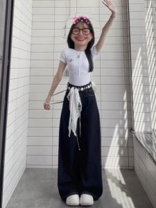 Retro Deep Blue High เอว ขากว้าง เดนิม กางเกงยีนส์ ผู้หญิง ฤดูร้อน American High Street หลวม พรางหุ่น Drape ขาตรง กางเกง