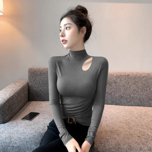 chaqi | Womens Half-High Collar Hollow Long Sleeve T-Shirt Knitted Feel Base Shirt Spring Autumn Black Ribbed Top New Style Quality