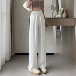 JIANGLU | Quần ống rộng bằng lụa băng mùa hè cho nữ Quần ống rộng dài đến sàn cạp cao Quần thường ngày bằng polyester và lycra