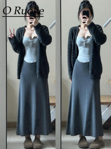 Deep Grey High Waist A-Line Midi Skirt Womens Vintage Loose Fit Casual Mid-Length Fish Tail Skirt Draping Half-length Skirt