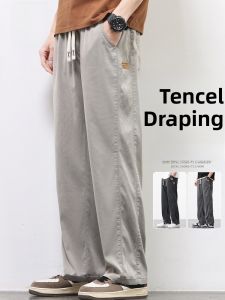 ROMON | Lormen Mens Casual Pants Summer Thin Ice Silk Drape Loose Straight Elastic Drawstring Wide Leg Long Pants Fashionable Urban Style