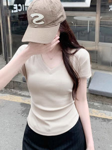 LUOFEN | American Style Short Sleeve T-Shirt Women Summer New Pure Desire Slim Waist V Neck Tea Art Short Top Fashion Commute Style