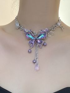 Purple Crystal Diamond Embedded Butterfly Tassel Chain Clavicle Necklace Womens Sweet Cool Atmosphere Dopamine Trend Accessory