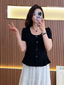 เสื้อยืดคอเหลี่ยมแขนสั้นสไตล์เกาหลีสำหรับผู้หญิงไซส์ใหญ่ในช่วงฤดูร้อน เสื้อยืดแขนสั้นคอเหลี่ยมสไตล์ฝรั่งเศส แขนสั้น แขนยาว ปกโปโล