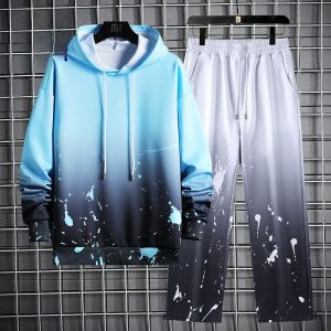 ROMON | Lormen Mens Casual Hoodie Set Spring Autumn Gradient Color Running Sportswear Two-Piece Suit Polyester Fiber Long Sleeve