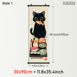 VIKAMA Vintage Mèo Thảm Dễ Thương Mèo Đen Sushi Ramen Ukiyo-e-Phong Cách Nghệ Thuật Treo Tường Polyester Trang Trí Nhà Cho Phòng Khách Phòng Ngủ