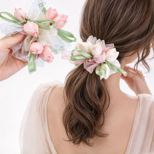 Trendy Floral Lace Hair Scrunchies / Tulip Pearl Ponytail Holder / Comfortable Stretchy Hair Bands / Decorative Hair Accessory for Ladies & Kids