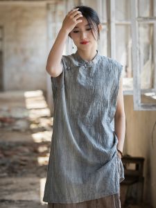 New Chinese Style Womens Summer Tie Dye Midi Length Thin Cotton Vest Top Retro Buttonless Sleeveless T-Shirt Commute Pure Color