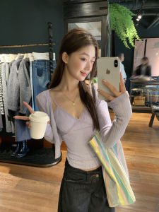 Popular Youthful V-neck Short Knit Cardigan Purple