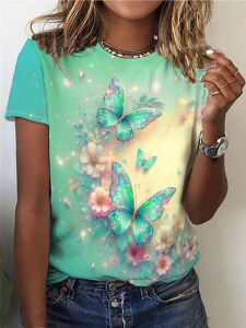 Womens Tee - Shimmering Butterfly & Floral Graphic Enchanted Pastel Garden Design for Casual Daily Wear