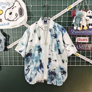 Ink Painting Full Printed Short-Sleeved Shirt Mens Summer National Style Vintage Printed Shirt Mens Fancy Ruffle Handsome