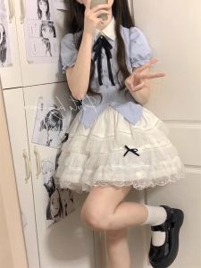 Sweet Korean Style Anti-Ageing Color Block POLO Collar High Waist Design Fashion Set With Skirt for Women Summer