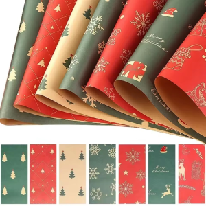 10Pcs Christmas Kraft Packaging Paper / Elk Snowflake Pattern Gift Wrapping Papers / Premium Christmas Elements Present Kraft Paper