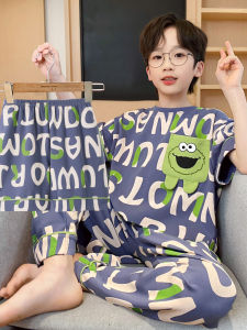 Boys Summer Sleepwear Set Pure Cotton Thin Short Sleeve Long Pants Home Clothes Breathable Comfortable Cartoon Design for Kids