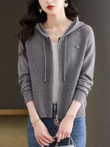 Áo Len Cardigan Dệt Kim Có Mũ Trùm Đầu Ngắn Cho Nữ Áo Khoác Ngoài Mùa Xuân 2025 Áo Khoác Len Cỡ Lớn Có Khóa Kéo Áo Khoác Ngoài Thường Ngày