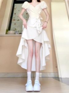 CHANGTONG | French Gentle Style Bubble Sleeve Dress Waist Cinched Beautiful Slimming White Skirt Soft Fabric Short Sleeve V-Neck A-Line Dress
