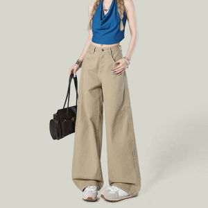Khaki Wide Leg Knife Edge Jeans Womens Summer 2025 Loose Versatile Slimming Floor Length Pants High Waist Denim Cotton