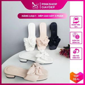 [SALE SỐC 69K] Dép cao gót nữ 3p đế vuông quai ngang phối nơ kiểu đẹp hàn quốc giá rẻ đi tiệc chơi làm đều được có màu đen trắng kem mã G3QNO PinkShopGiayDep